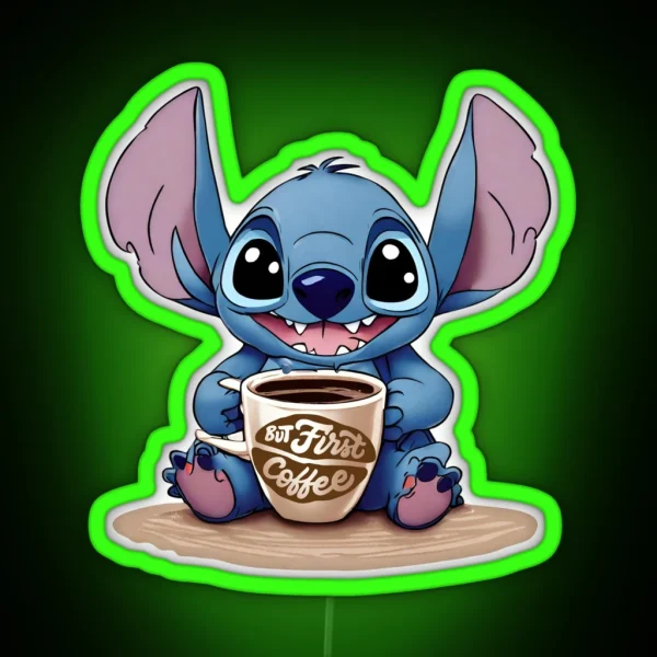 Cute Kawaii Stitch With Coffee RGB Neon Sign