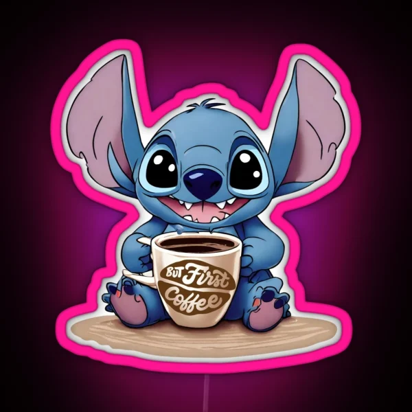 Cute Kawaii Stitch With Coffee RGB Neon Sign