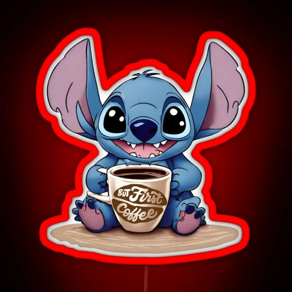 Cute Kawaii Stitch With Coffee RGB Neon Sign