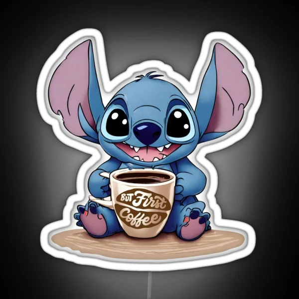 Cute Kawaii Stitch With Coffee RGB Neon Sign