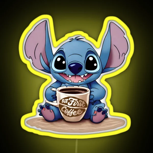 Cute Kawaii Stitch With Coffee RGB Neon Sign