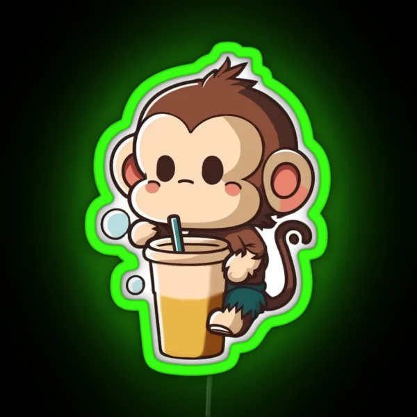 Cute Monkey Climbing And Drinking Boba Tea Smoothie RGB Neon Sign