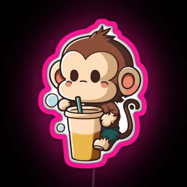 Cute Monkey Climbing And Drinking Boba Tea Smoothie RGB Neon Sign