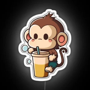 Cute Monkey Climbing And Drinking Boba Tea Smoothie RGB Neon Sign