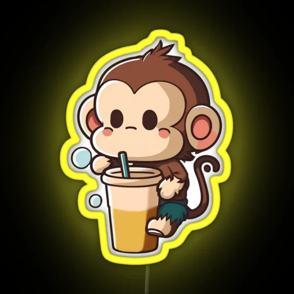 Cute Monkey Climbing And Drinking Boba Tea Smoothie RGB Neon Sign