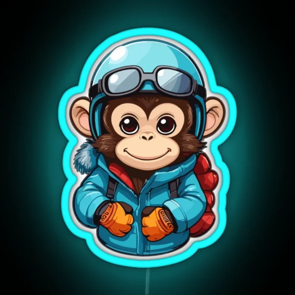 Cute Monkey Wear Winter Sport Clothes RGB Neon Sign