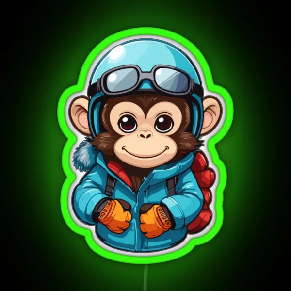 Cute Monkey Wear Winter Sport Clothes RGB Neon Sign