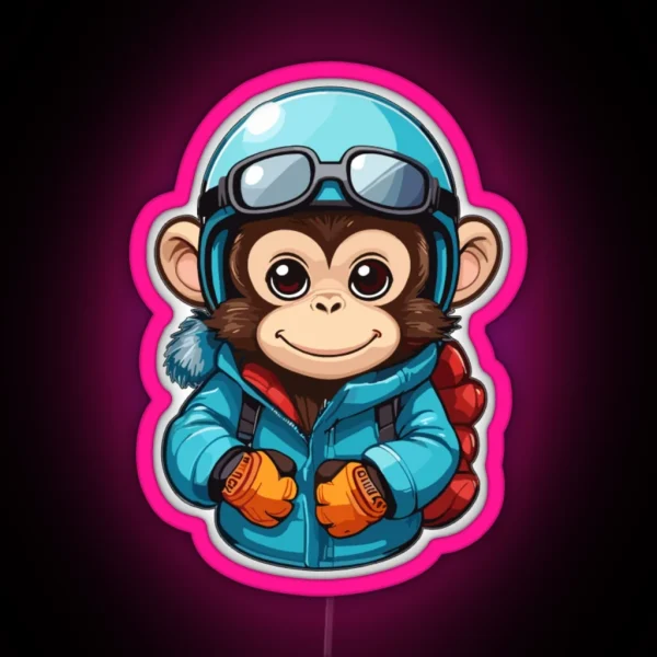 Cute Monkey Wear Winter Sport Clothes RGB Neon Sign