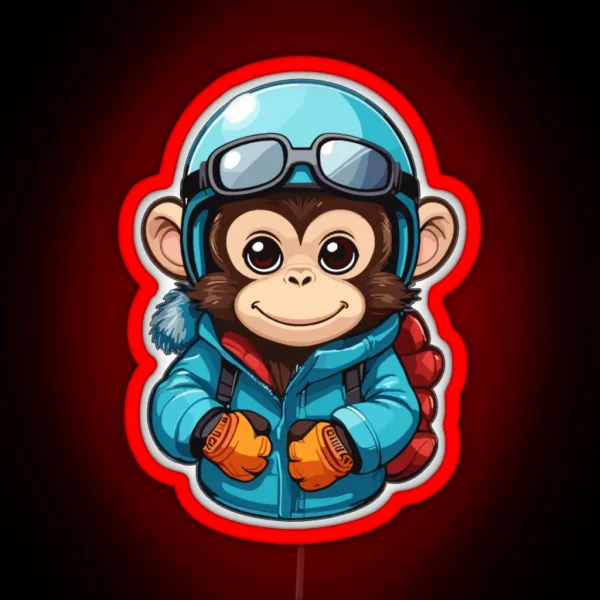 Cute Monkey Wear Winter Sport Clothes RGB Neon Sign