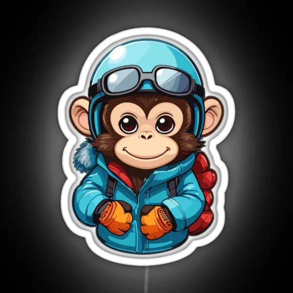 Cute Monkey Wear Winter Sport Clothes RGB Neon Sign