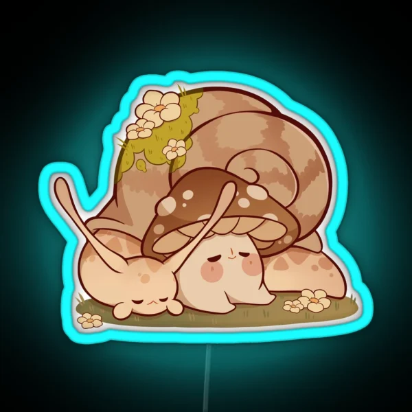 Cute Mushroom And Snail Friend Taking A Nap RGB Neon Sign