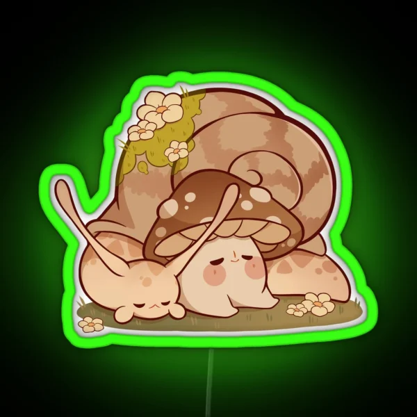 Cute Mushroom And Snail Friend Taking A Nap RGB Neon Sign