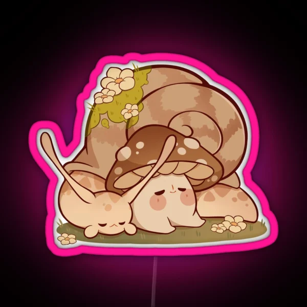 Cute Mushroom And Snail Friend Taking A Nap RGB Neon Sign