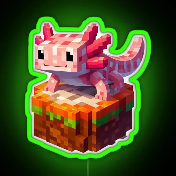 Cute Pink Minecraft Axolotl On Block RGB Neon Sign