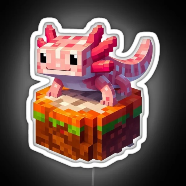 Cute Pink Minecraft Axolotl On Block RGB Neon Sign