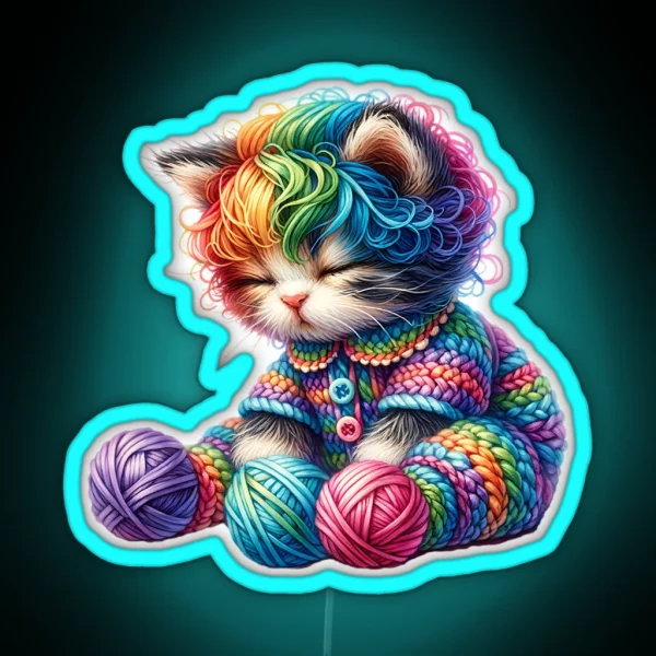 Cute Rainbow Yarn Kitten RGB Neon Sign