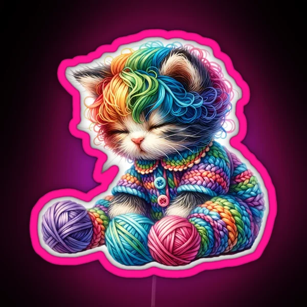 Cute Rainbow Yarn Kitten RGB Neon Sign