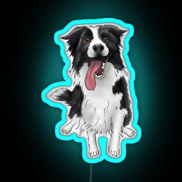 Cute Smiling Black And White Border Collie Drawing For Boarder Collie Owners For Dog Lovers RGB Neon Sign