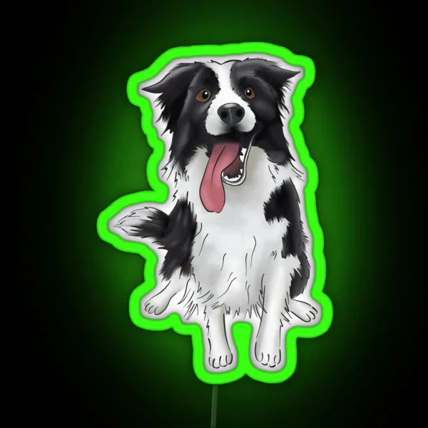 Cute Smiling Black And White Border Collie Drawing For Boarder Collie Owners For Dog Lovers RGB Neon Sign