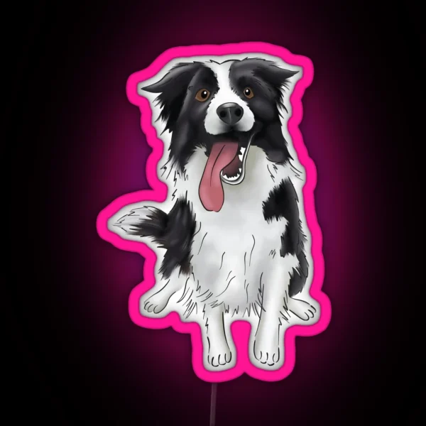 Cute Smiling Black And White Border Collie Drawing For Boarder Collie Owners For Dog Lovers RGB Neon Sign