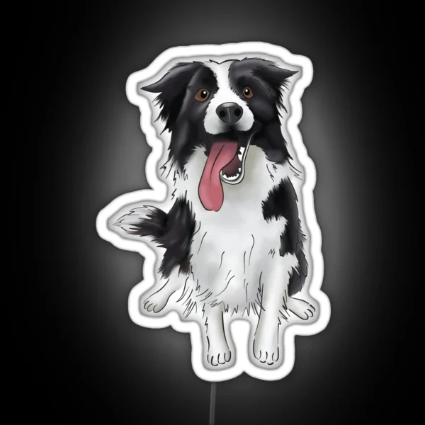 Cute Smiling Black And White Border Collie Drawing For Boarder Collie Owners For Dog Lovers RGB Neon Sign