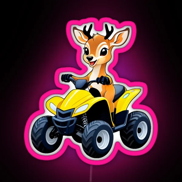 Cute Smiling Deer Riding An ATV Quad RGB Neon Sign