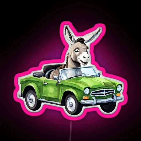 Cute Smiling Donkey Driving A Cabrio RGB Neon Sign