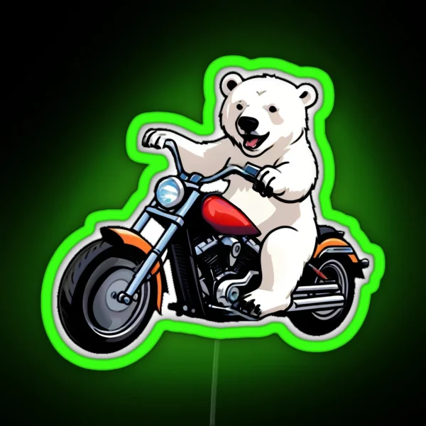 Cute Smiling Polar Bear Riding A Motorcycle RGB Neon Sign