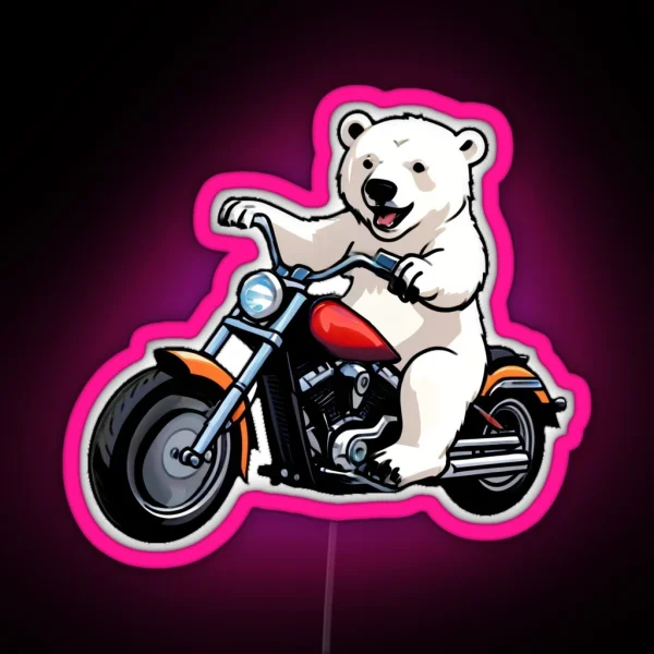 Cute Smiling Polar Bear Riding A Motorcycle RGB Neon Sign