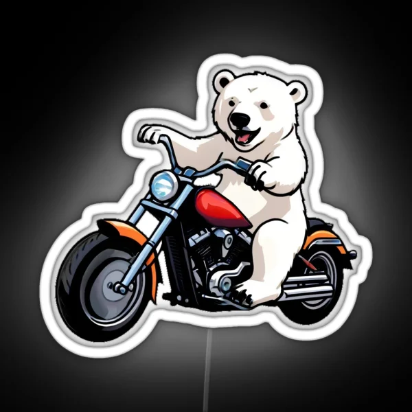 Cute Smiling Polar Bear Riding A Motorcycle RGB Neon Sign