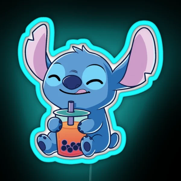 Cute Stitch Drinking Bubble Tea RGB Neon Sign