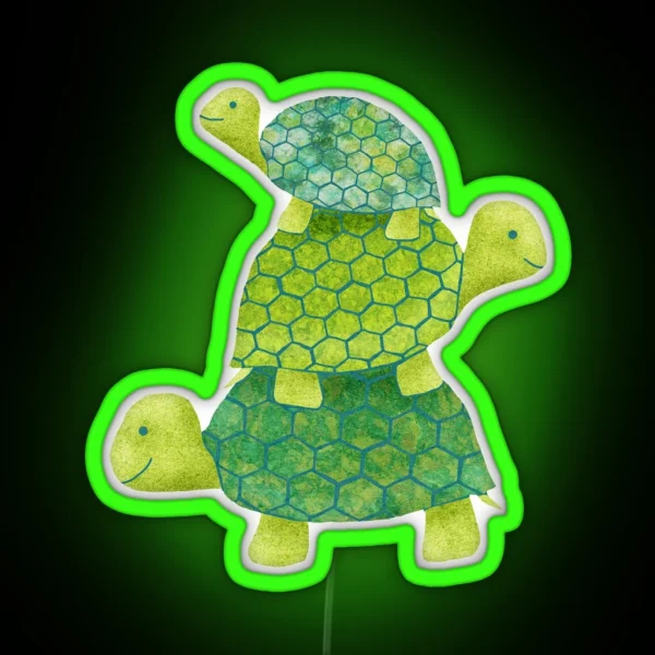 Cute Turtle Stack In Teal Lime Green And Turquoise RGB Neon Sign