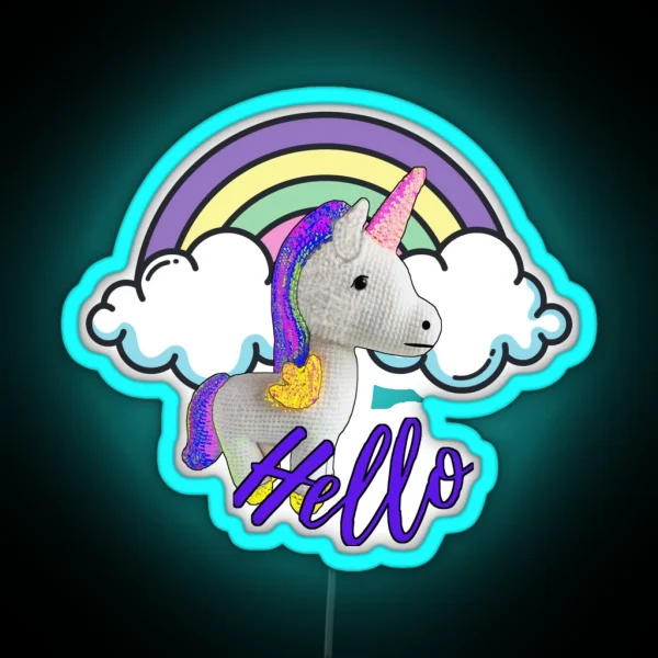 Cute Unicorn Crochet Doll Over Clouds RGB Neon Sign