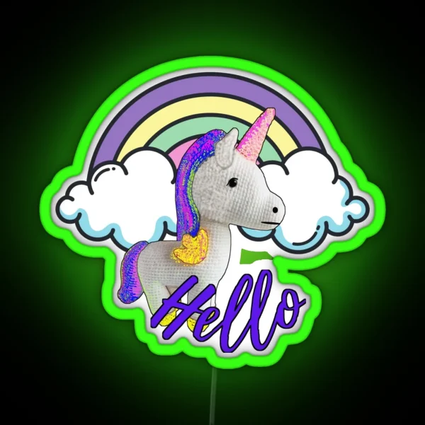 Cute Unicorn Crochet Doll Over Clouds RGB Neon Sign