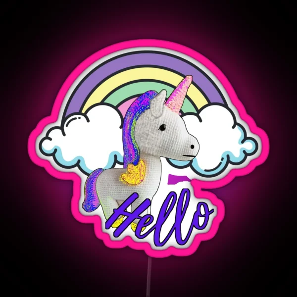 Cute Unicorn Crochet Doll Over Clouds RGB Neon Sign