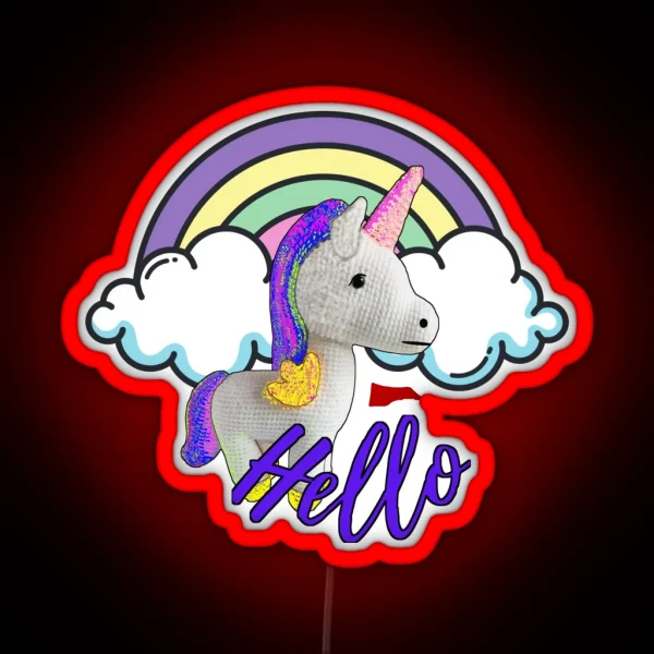 Cute Unicorn Crochet Doll Over Clouds RGB Neon Sign