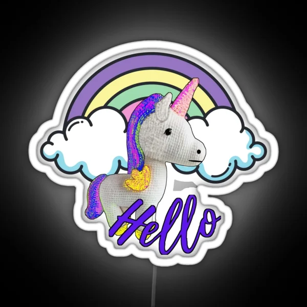 Cute Unicorn Crochet Doll Over Clouds RGB Neon Sign