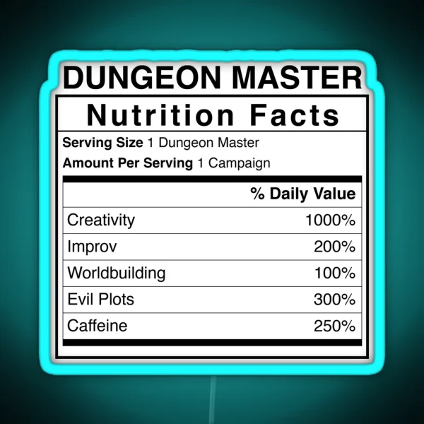 Dandd Dungeon Master Nutrition Facts RGB Neon Sign