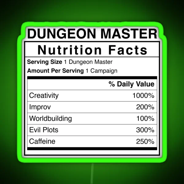 Dandd Dungeon Master Nutrition Facts RGB Neon Sign