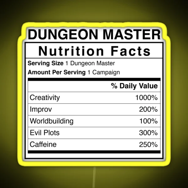 Dandd Dungeon Master Nutrition Facts RGB Neon Sign
