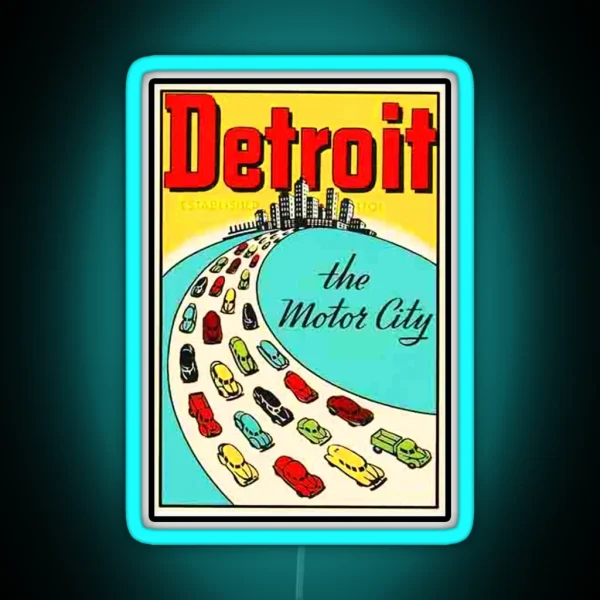 DETROIT MICHIGAN MOTOR CITY POSTCARD Led AND Led RGB Neon Sign