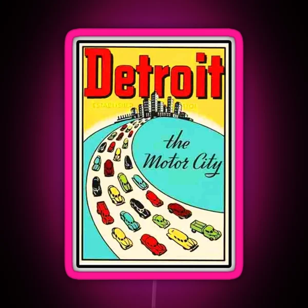 DETROIT MICHIGAN MOTOR CITY POSTCARD Led AND Led RGB Neon Sign