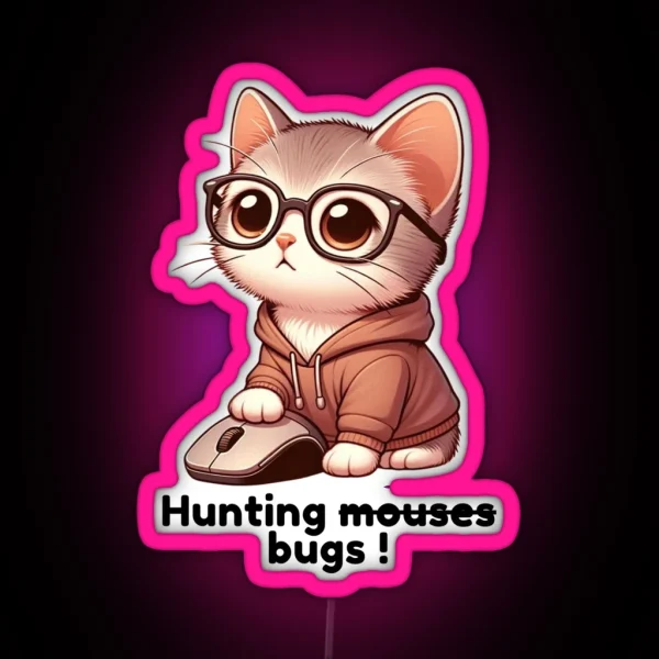 Developer Cat Chasing Mice Bugs RGB Neon Sign