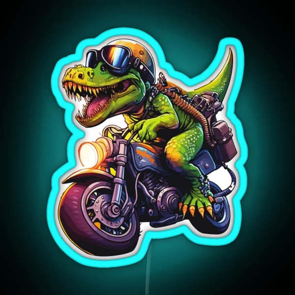 Dinosaur Trex Riding Motorcycle Funny Cute Smiling Dino Cartoon 3D Illustration For Dinosaur Lovers For Motorcycle Riders RGB Neon Sign