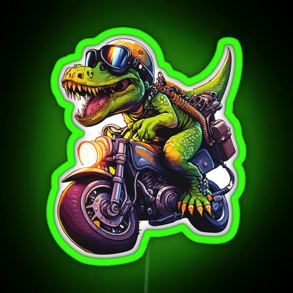 Dinosaur Trex Riding Motorcycle Funny Cute Smiling Dino Cartoon 3D Illustration For Dinosaur Lovers For Motorcycle Riders RGB Neon Sign