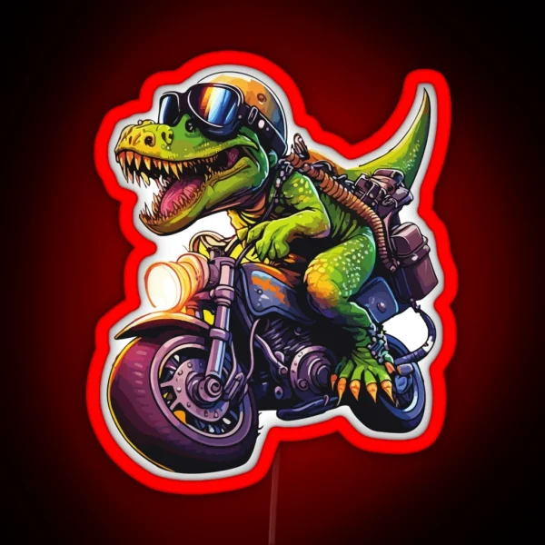 Dinosaur Trex Riding Motorcycle Funny Cute Smiling Dino Cartoon 3D Illustration For Dinosaur Lovers For Motorcycle Riders RGB Neon Sign