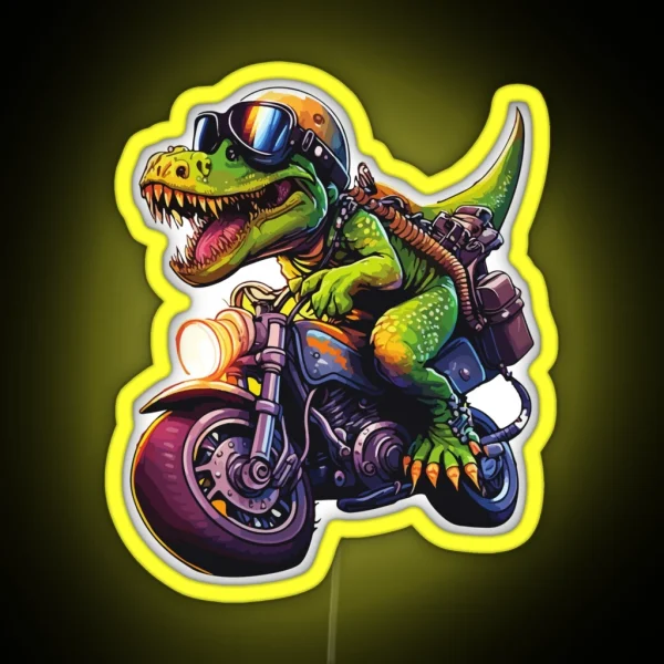 Dinosaur Trex Riding Motorcycle Funny Cute Smiling Dino Cartoon 3D Illustration For Dinosaur Lovers For Motorcycle Riders RGB Neon Sign