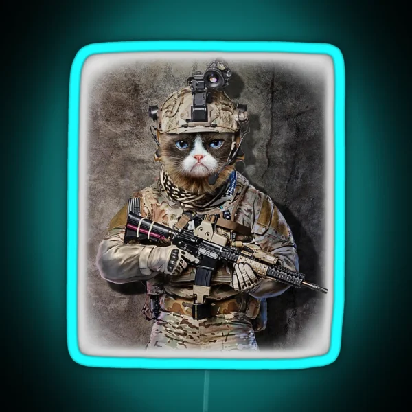 Disgruntle Cat As Army Commando In Full RGB Neon Sign