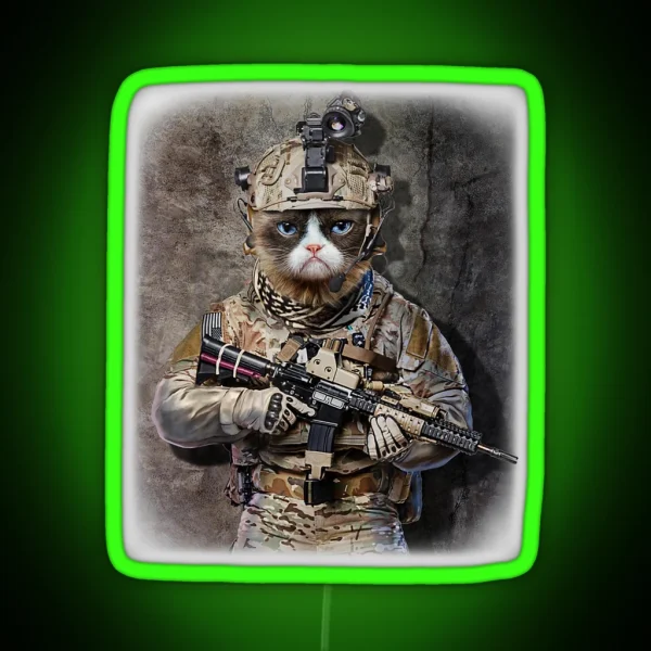 Disgruntle Cat As Army Commando In Full RGB Neon Sign