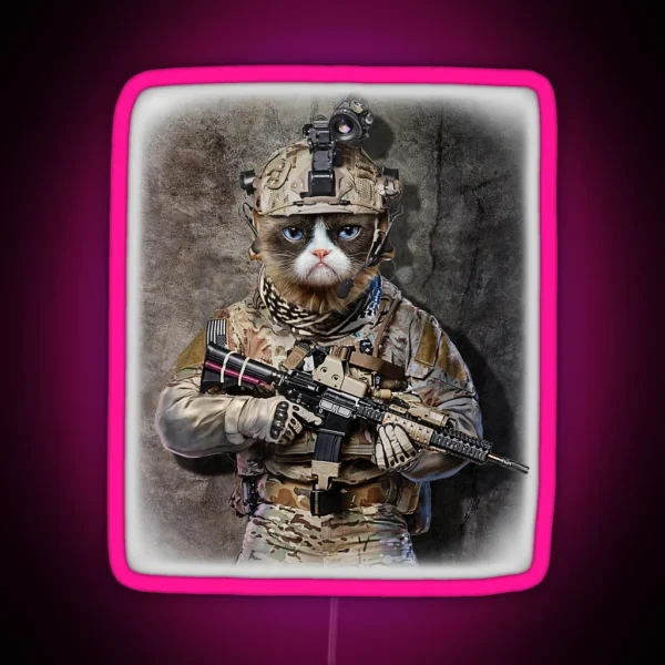 Disgruntle Cat As Army Commando In Full RGB Neon Sign